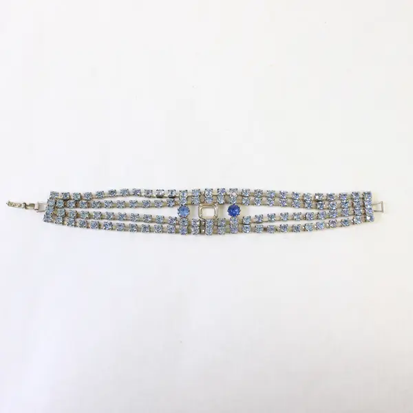 Vintage Multi-Strand Blue Rhinestone Silver-Tone Bracelet 7.5" Flawed