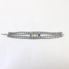 Vintage Multi-Strand Blue Rhinestone Silver-Tone Bracelet 7.5" Flawed
