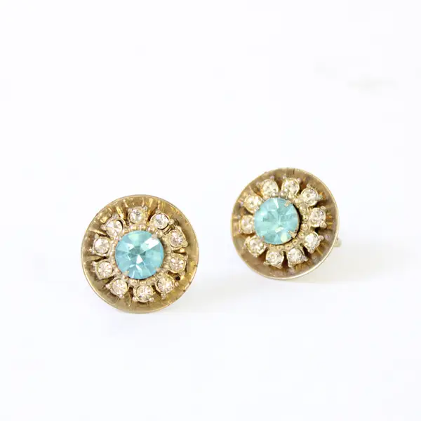 Vintage Blue and Clear Rhinestone Silver-Tone Round Screw Back Earrings