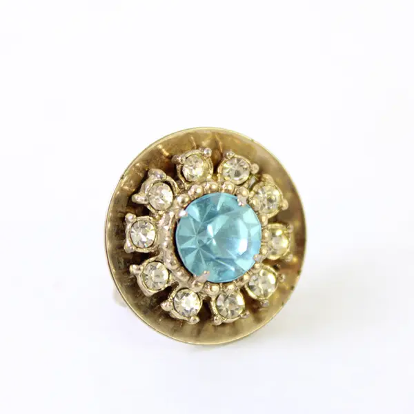 Vintage Blue and Clear Rhinestone Silver-Tone Round Screw Back Earrings