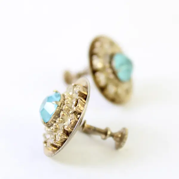 Vintage Blue and Clear Rhinestone Silver-Tone Round Screw Back Earrings