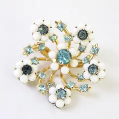 Vintage Coro Blue Rhinestone and Faux Pearl Gold-Tone Floral Brooch