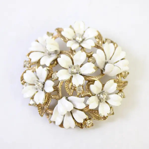 Vintage Trifari Clear Rhinestone White Floral Gold-Tone Brooch