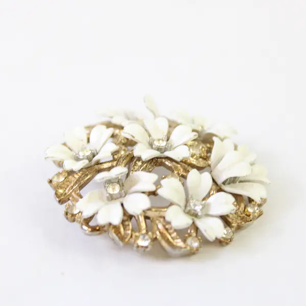 Vintage Trifari Clear Rhinestone White Floral Gold-Tone Brooch