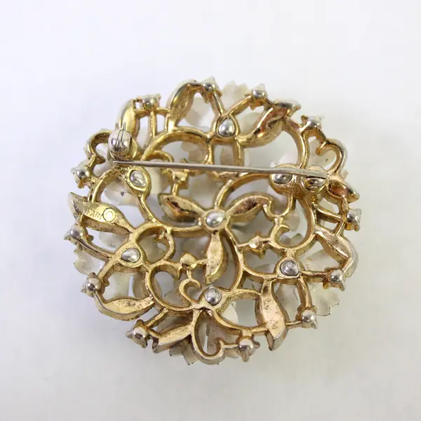 Vintage Trifari Clear Rhinestone White Floral Gold-Tone Brooch