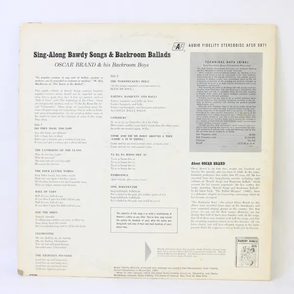 Sing Along Bawdy Songs And Backroom Ballads Oscar Brand 12" Vinyl Record
