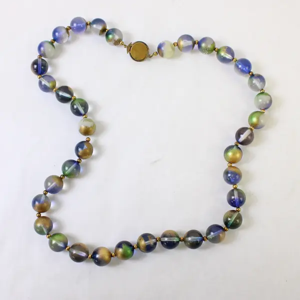 Vintage Green Blue and Gold Beaded Necklace 28" Costume Jewelry