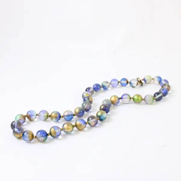 Vintage Green Blue and Gold Beaded Necklace 28" Costume Jewelry