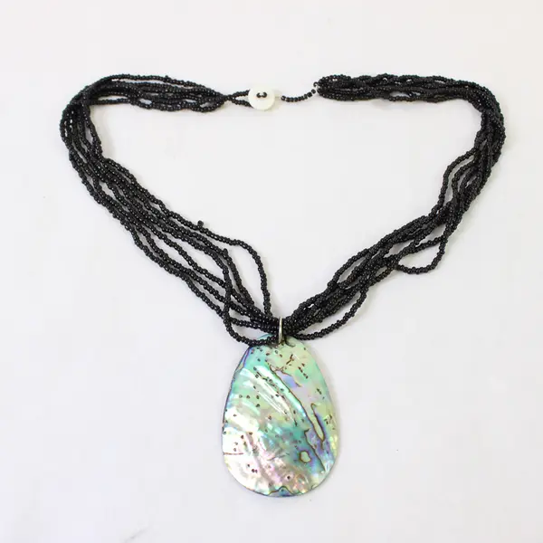 Multi-Strand Black Seed Bead Abalone Pendant Necklace 19"