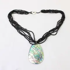 Multi-Strand Black Seed Bead Abalone Pendant Necklace 19"