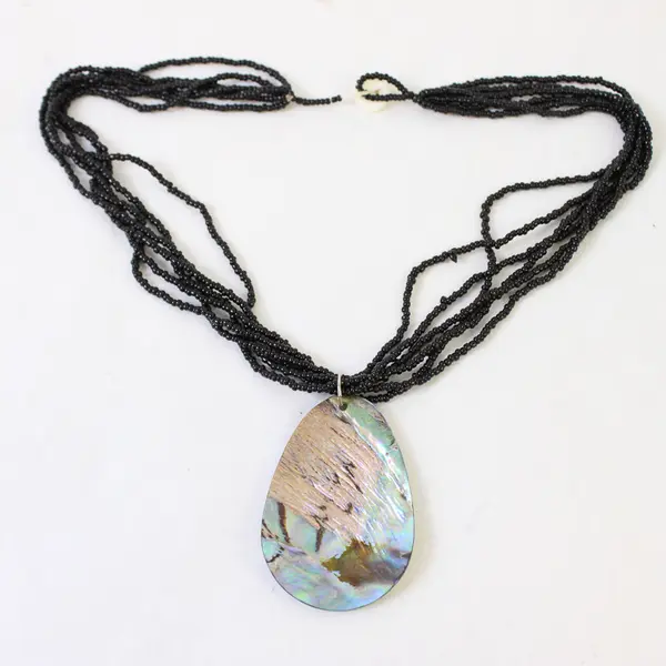 Multi-Strand Black Seed Bead Abalone Pendant Necklace 19"