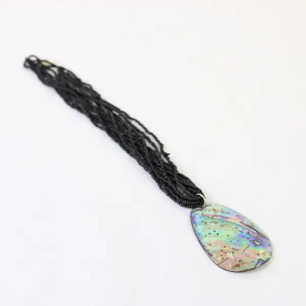 Multi-Strand Black Seed Bead Abalone Pendant Necklace 19"
