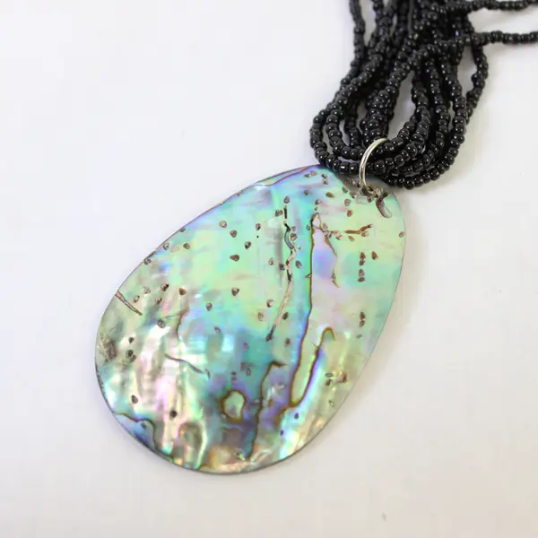 Multi-Strand Black Seed Bead Abalone Pendant Necklace 19"
