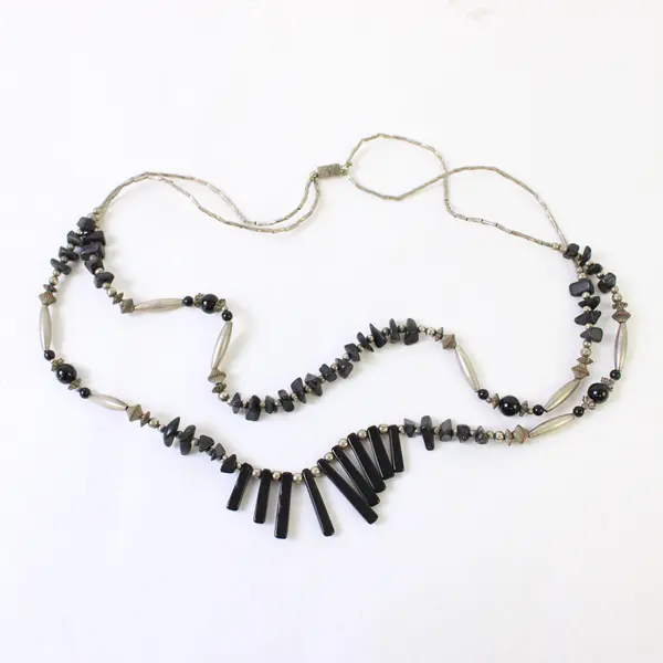 Vintage Two-Strand Silver-Tone and Black Beaded Necklace 23"
