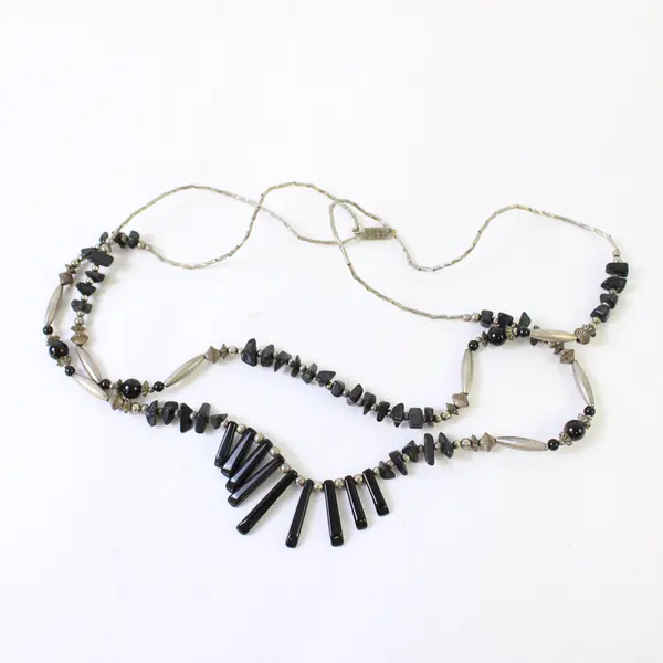 Vintage Two-Strand Silver-Tone and Black Beaded Necklace 23"