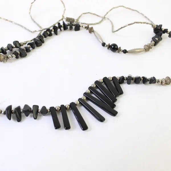 Vintage Two-Strand Silver-Tone and Black Beaded Necklace 23"