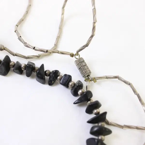 Vintage Two-Strand Silver-Tone and Black Beaded Necklace 23"