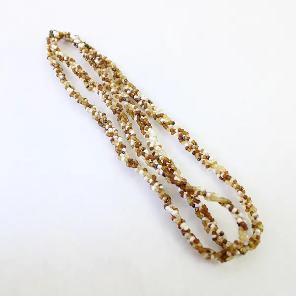Brown and White Braided Multi-Strand Glass Seed Bead Necklace 32"