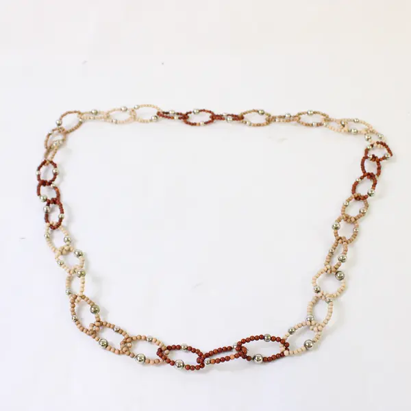 Brown Beige and Silver-Tone Chain Link Beaded Necklace 21"