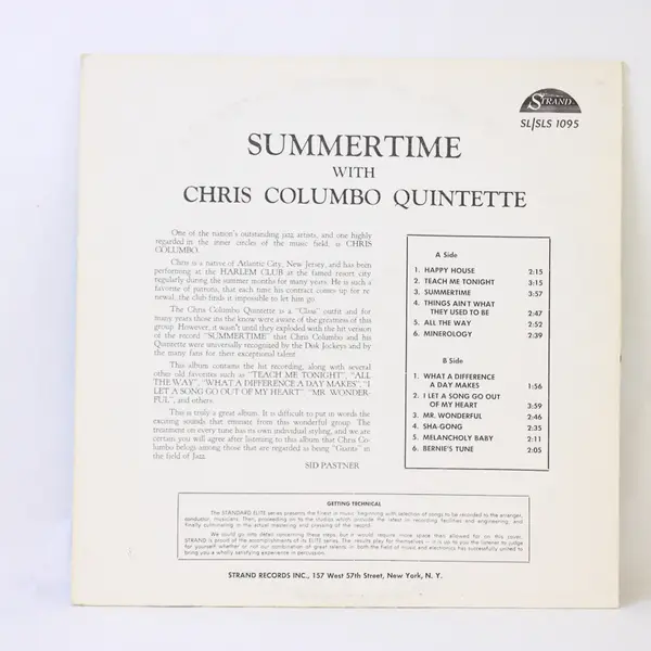 Summertime With The Chris Columbo Quintet 12" Vinyl Record