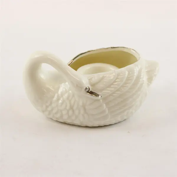 Unbranded White Ceramic W/ Silver Paint Swan Shaped Tapered Candle Holder 4.25"