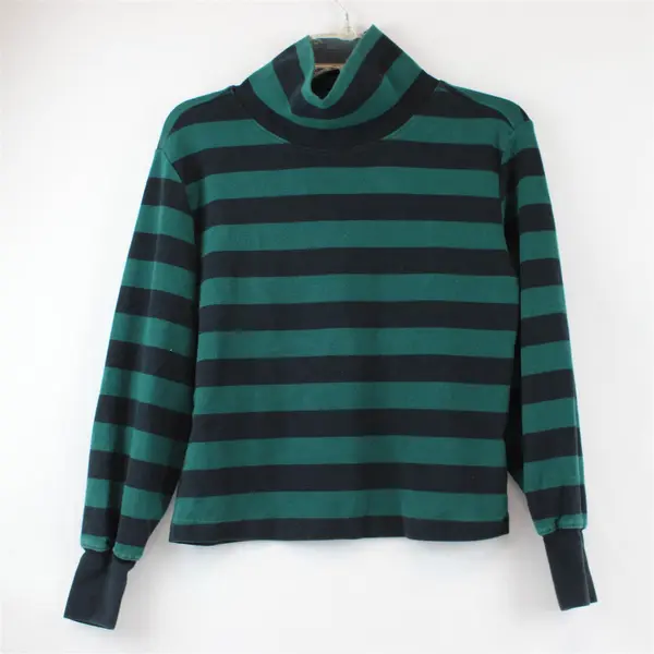 Maeve Green and Black Striped Long-Sleeved Mock Neck Shirt Women's XS