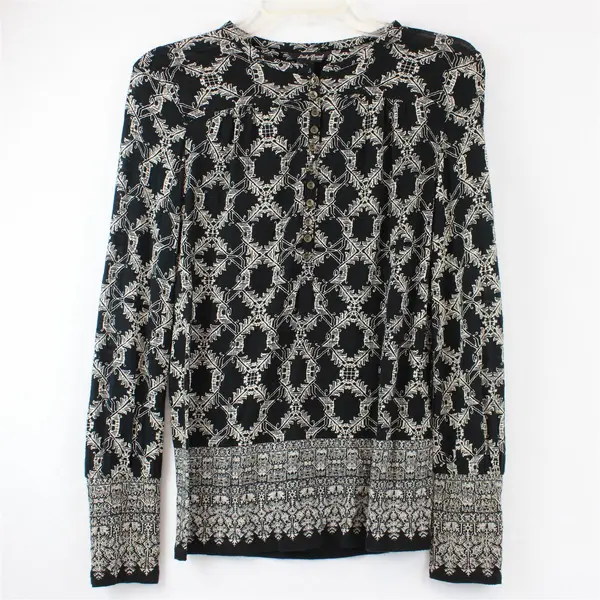 Lucky Brand Black and Beige Patterned Sheer Long-Sleeved Top Women's Small