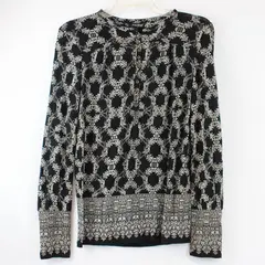 Lucky Brand Black and Beige Patterned Sheer Long-Sleeved Top Women's Small