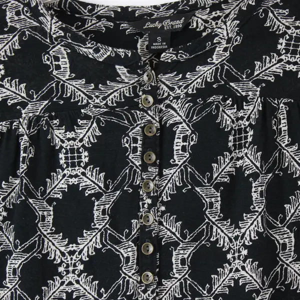 Lucky Brand Black and Beige Patterned Sheer Long-Sleeved Top Women's Small