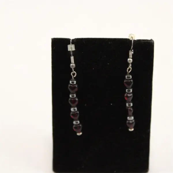 Heart-Shaped Red Garnet Beaded Silver-Tone Dangle Earrings