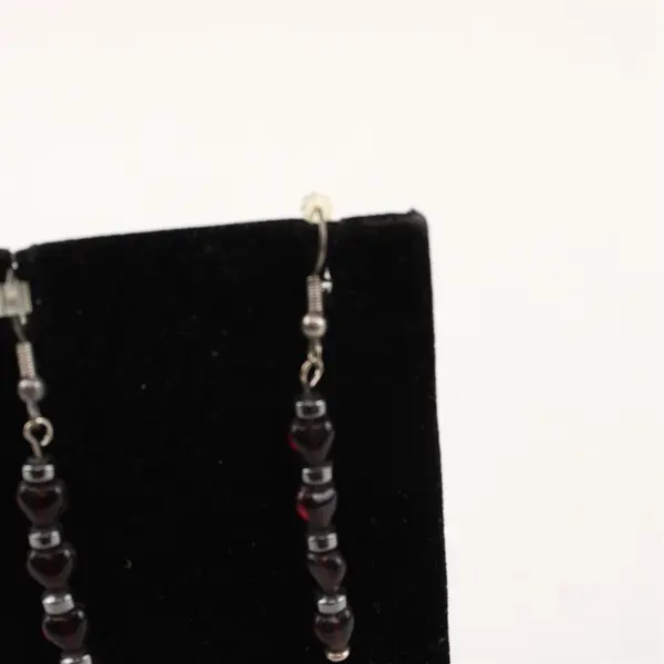 Heart-Shaped Red Garnet Beaded Silver-Tone Dangle Earrings