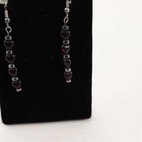 Heart-Shaped Red Garnet Beaded Silver-Tone Dangle Earrings