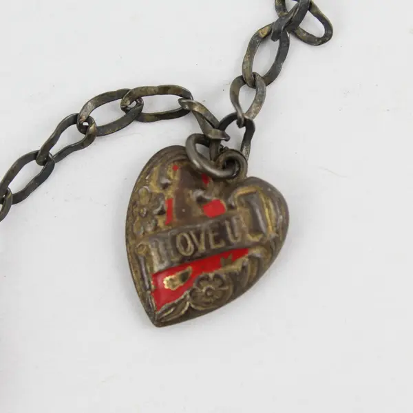 Antique Puffy Love U and Forget Me Not Hearts Enamel Charms 3 on Chain
