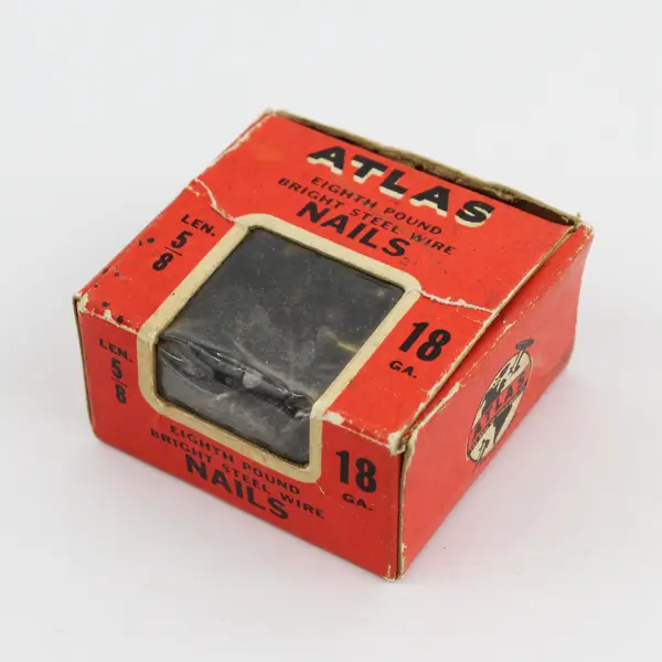 Vintage ATLAS Bright Steel Wire NAILS 18ga. 5/8” Partial Box