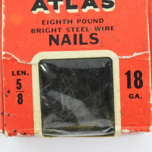 Vintage ATLAS Bright Steel Wire NAILS 18ga. 5/8” Partial Box