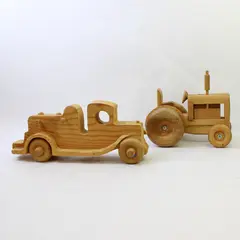 Lot of 2 Vintage Unbranded Carved Wooden Tractor and Antique Car