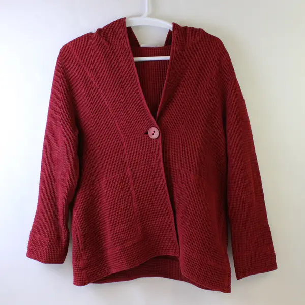 Focus Casual Life Women's L/XL Red 100% Cotton Waffle Knit Hooded Cardigan 