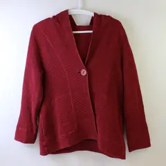 Focus Casual Life Women's L/XL Red 100% Cotton Waffle Knit Hooded Cardigan 