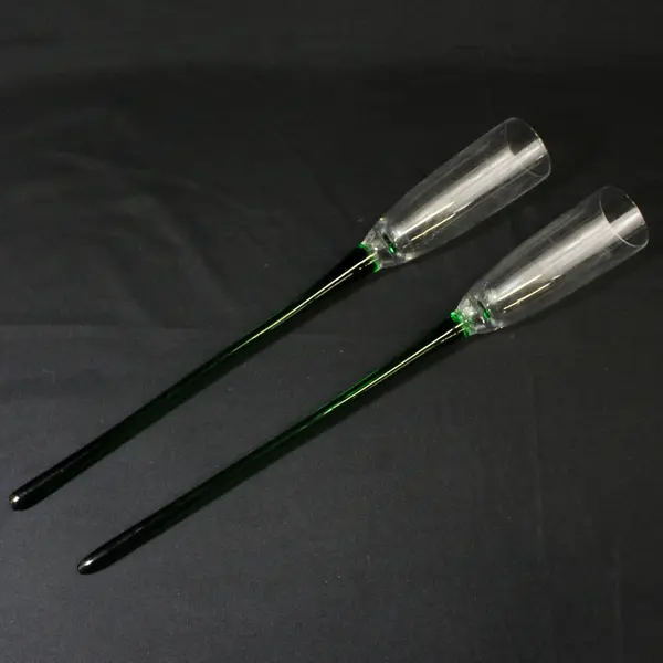 2 VTG  Long Stem Hand Blown Glass Champagne Toasting Flutes Green Stems 17"