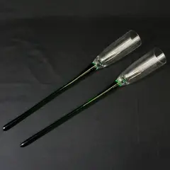 2 VTG  Long Stem Hand Blown Glass Champagne Toasting Flutes Green Stems 17"