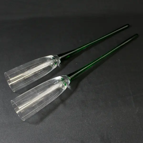 2 VTG  Long Stem Hand Blown Glass Champagne Toasting Flutes Green Stems 17"
