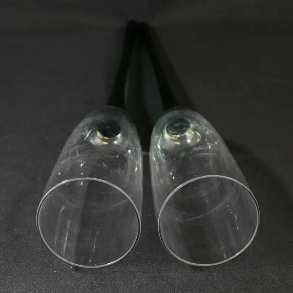 2 VTG  Long Stem Hand Blown Glass Champagne Toasting Flutes Green Stems 17"