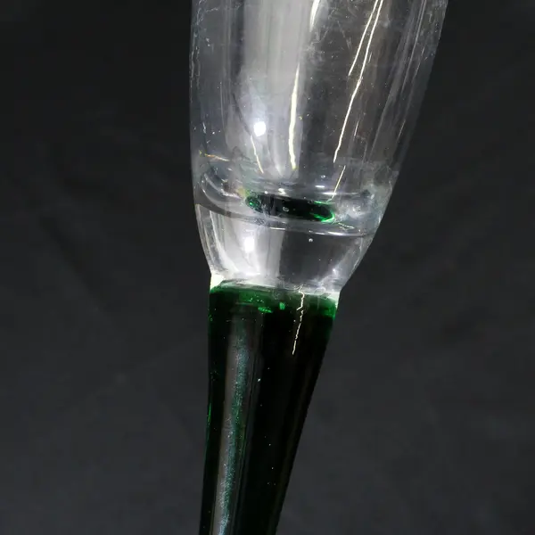 2 VTG  Long Stem Hand Blown Glass Champagne Toasting Flutes Green Stems 17"
