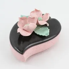 Vtg Leaf Shaped California Pottery Pink and Black Trinket Box W/ Applied Flowers