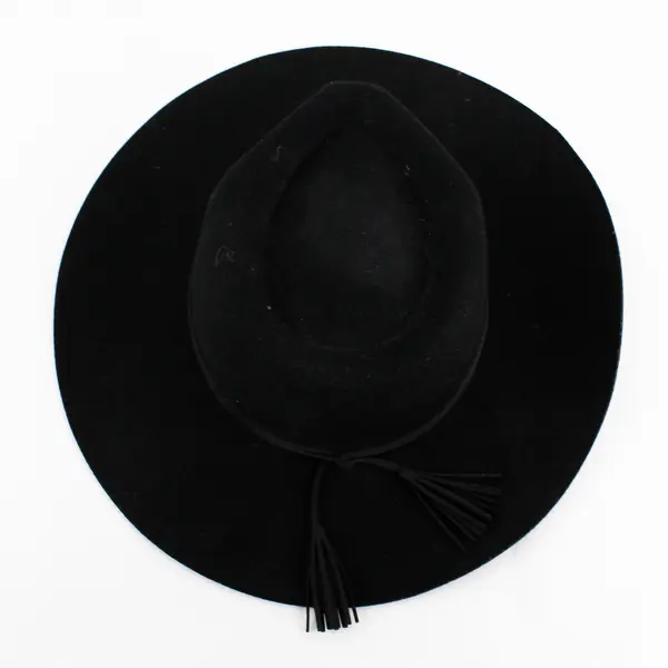 Anthropologie Black 100% Wool Wide Brim Rancher Western Hat Tassel Detail 23"