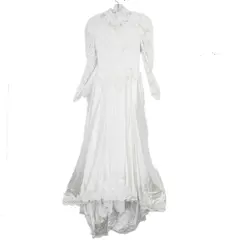Vintage 1980's Women's 8 White Beaded Lace Long Sleeve Wedding Dress w/ Hat/Veil
