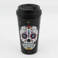 Greenbrier Day Of The Dead Print Black Plastic Tumbler With Lid 7.25" Tall