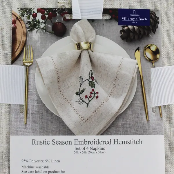 Set Of 4 Villeroy & Boch Rustic Season Embroidered Hemstitch Napkins 20" x 20"