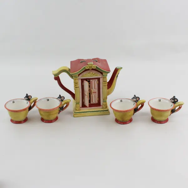 Lot Of 5 Department 56 Storybook "Hickory Dickory Dock" Teapot & 4 Cups (No Lid)