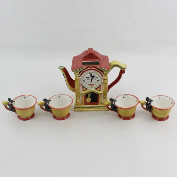Lot Of 5 Department 56 Storybook "Hickory Dickory Dock" Teapot & 4 Cups (No Lid)